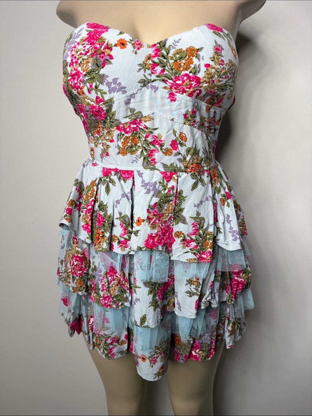 Toska Floral Smocked Strapless Dress - Light Blue, Pink & Green